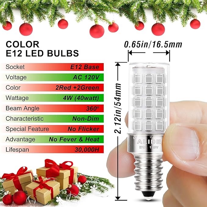 ALIDE Red Green E12 LED Candle Light Bulb4W, 40Watt Equivalent, E12 Small Base C7 T6 Red Green LED Bulbs for Christmas Holiday Festival Party Decoration Chandelier Candelabra Bulbs,4Pack Mix