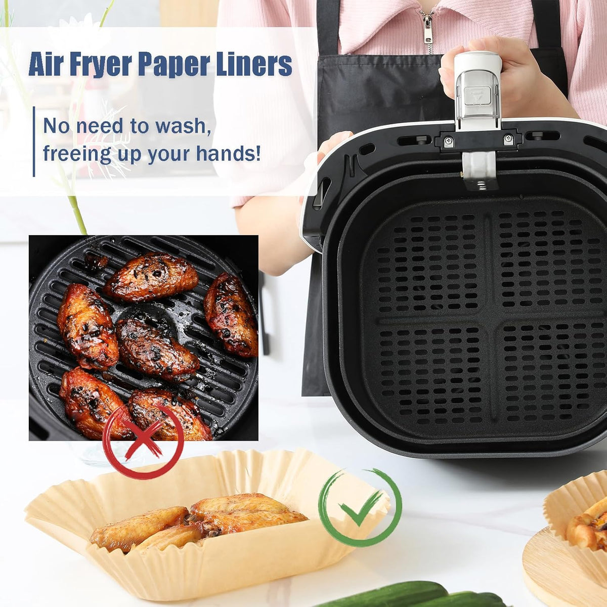 Skiennix Disposable Air Fryer Paper Liners - Non-Stick & Oil-Proof 100PCS | Fits 3-5QT Baskets, 6.5 Inch