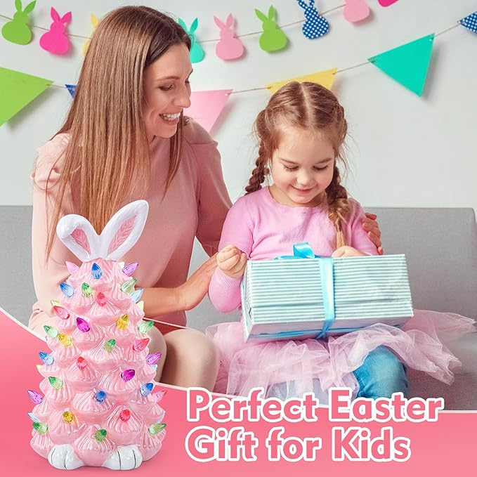 Light up Easter Bunny Decor Glowing Tree, Cute Ceramic Easter Tree Bunny Decorations for The Home Indoor Bedroom Office Decor Tabletop,Night Light for Kids Gifts (Pink)