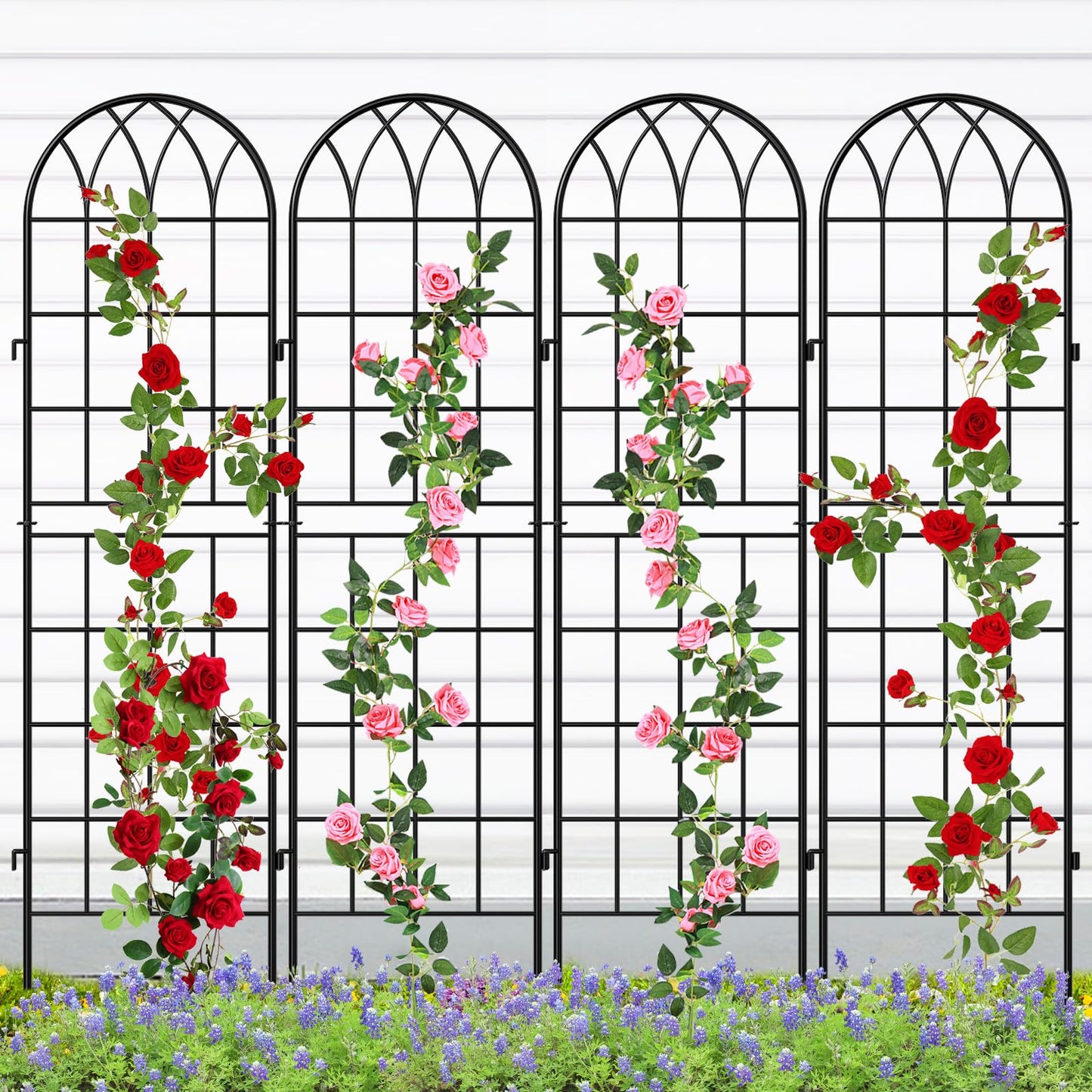 SUNYRISY 4Pack Metal Garden Trellis for Climbing Plants Outdoor, 59x16in Metal Plant Support for Flowers Tomato Cucumber Rose Vegetable Garden Courtyards Lawns Decoration, Black