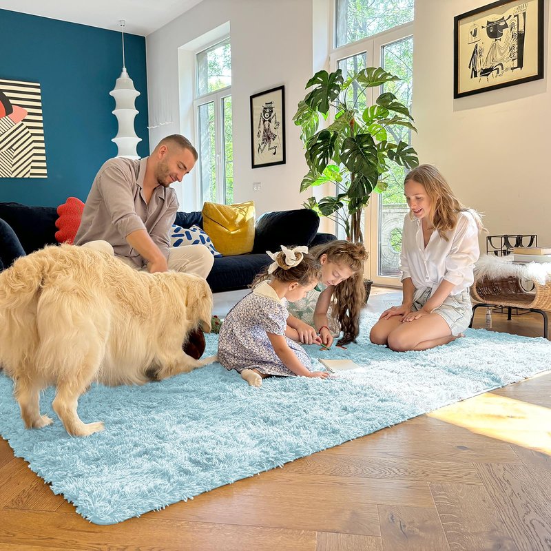 OLANLY 2x5 Machine Washable Runner Rugs for Hallway, Soft Fluffy Shaggy Bedside Rugs for Bedroom, Living Room, Indoor Floor Carpet for Kids Girls and Boys, Home Decor Aesthetic, Light Blue
