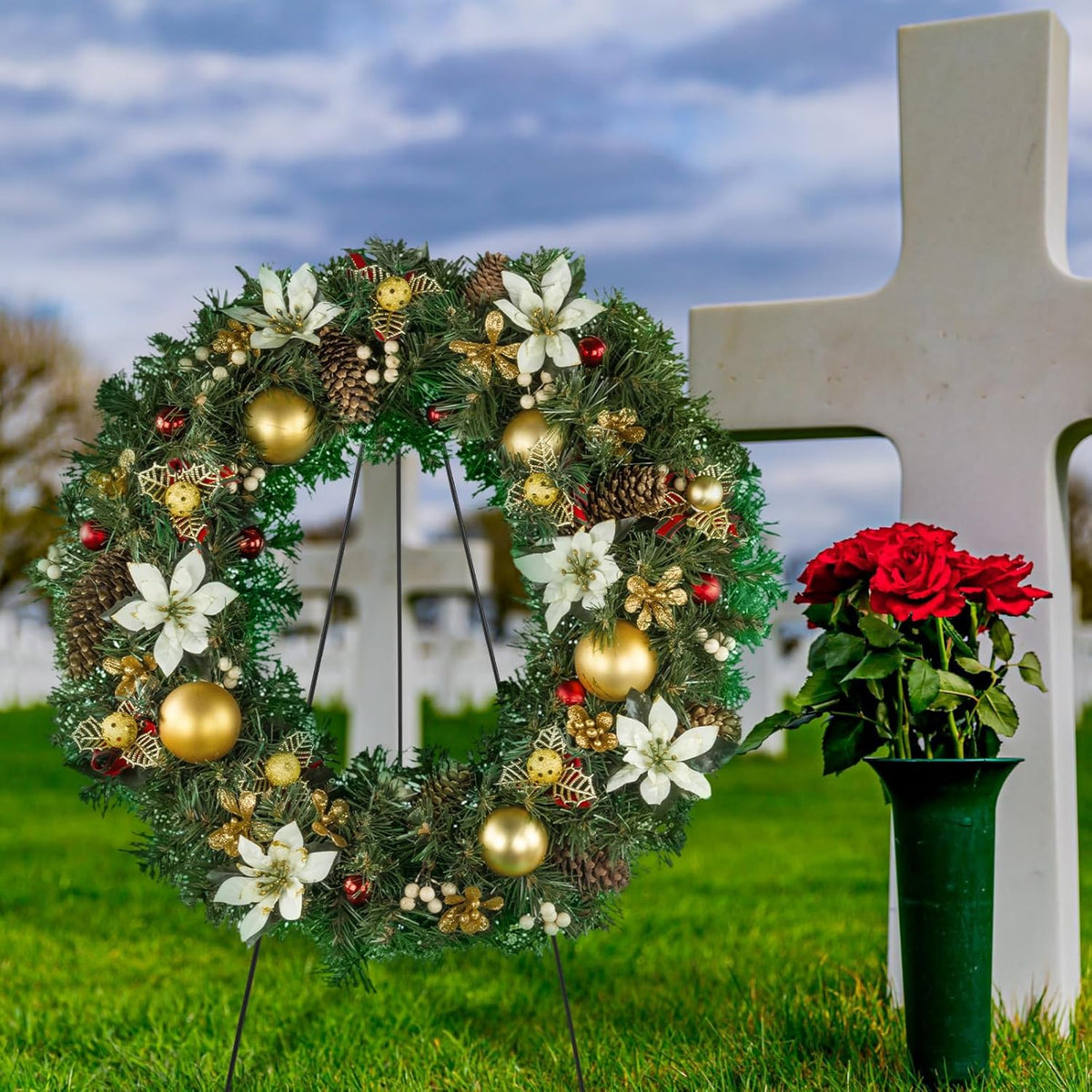 Soaoo Christmas Wreath Stand - Metal Easel for Cemetery Grave Flower Holder | 30-Inch Gravestone Decor