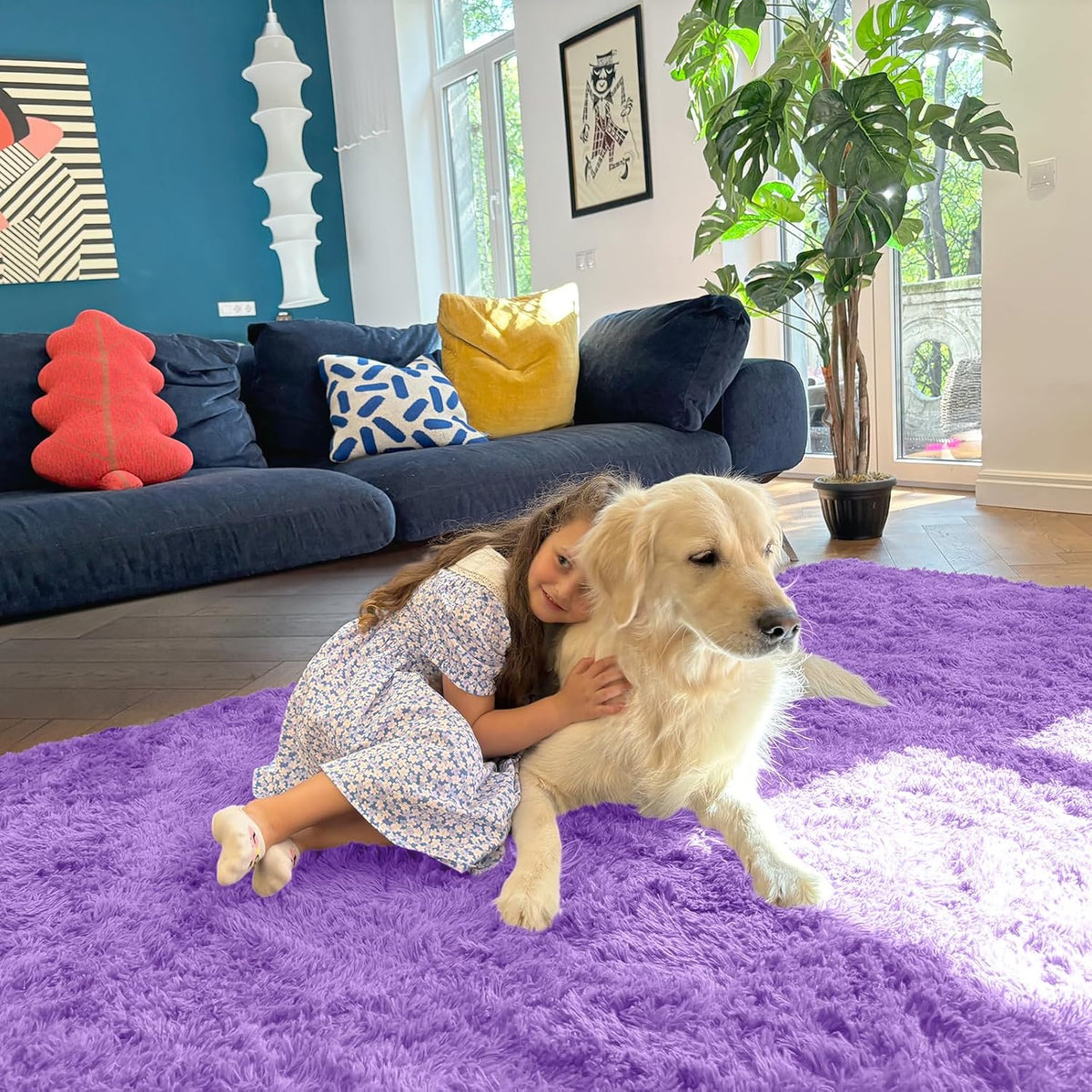 OLANLY Area Rug - Soft Fluffy Shaggy Design | Machine Washable 4x5.9 ft | Purple for Living Room & Bedroom