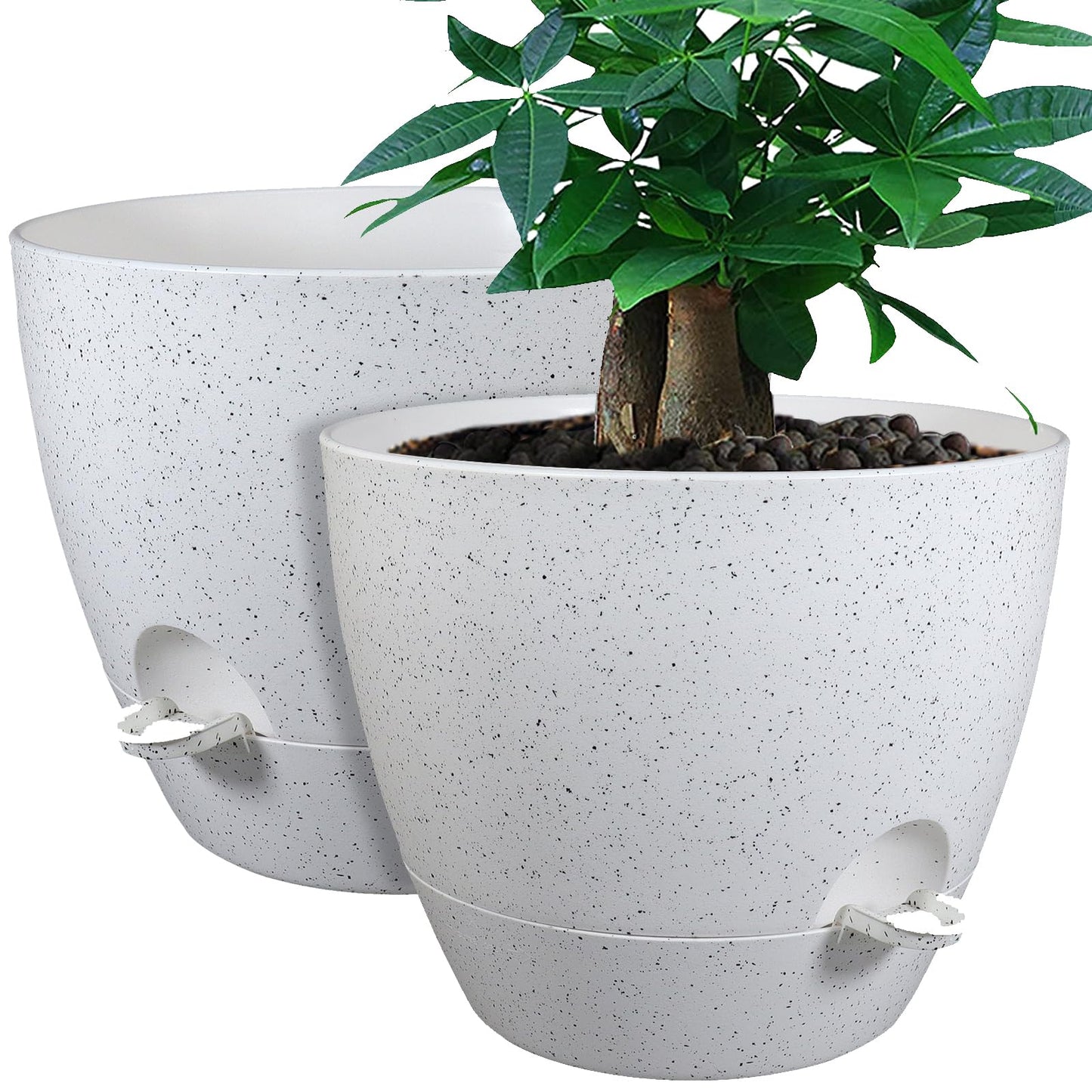 UOUZ 12inch 2Pack Large Self Watering Planters, Plastic Plant Pots with 60oZ Removable Deep Reservoir and Multi Mesh Drainage Holes for Indoor Outdoor Garden Plants and Flowers, White Speckles