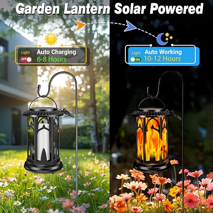 Solar Lanterns Flickering Flame Outdoor Metal Solar Light Waterproof Solar Powerd Led Flame Lights with Battery Compartment Dual Mode for Patio Fence Garden Yard Trees Lawns Decorations(Pack of 2)