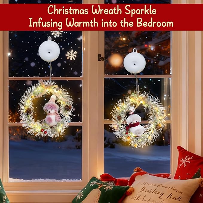 suddus 2 Pack Christmas Window Lights with Suction Cup- Battery Operated Wreath String Lights Indoor with Timer, Christmas Decorations for Home, Window, Door, Wall,Staircase,Gift,Tree Indoor