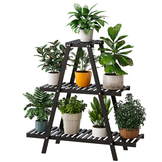 Furshus Bamboo Plant Stand Indoor/Outdoor, 3-Tier, Black, Rectangular, 8 Potted Flower Holder Ladder Plant Rack