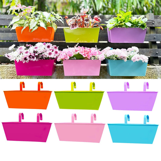 LalaGreen Rail Planter for Outdoor Plants (6 Pack, 16 Inch) Colorful Metal Rectangle Railing Hanging Planters, Strawberry Balcony Garden Deck Fence Bucket Modern Window Flower Boxes Plant Holder Decor