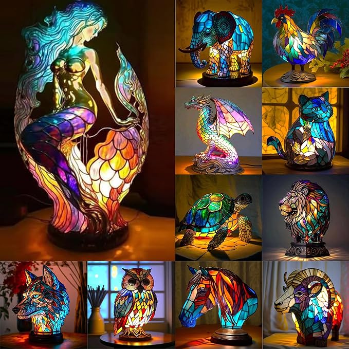 Vintage Animal Night Light Home Decor,Bohemian Resin Decorative Bedside Lamp,Retro Painting Table Lamp Nightlight for Bedroom Decoration, Party Decor,Gift for Animal Lovers,Friends and Familys 5.91In