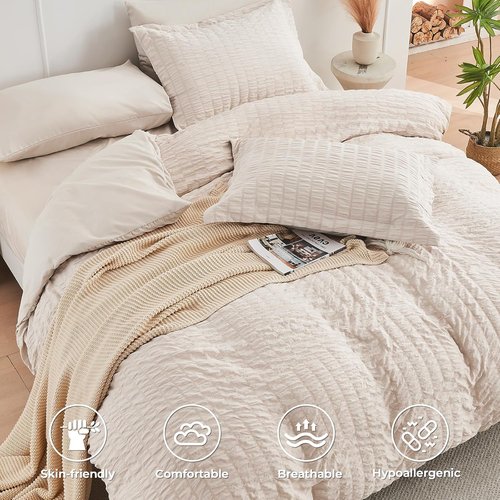 HYMOKEGE King Comforter Set - Beige Oversized 7-Piece Seersucker Luxury Bedding | All-Season Comforter, Sheets & Pillowcases