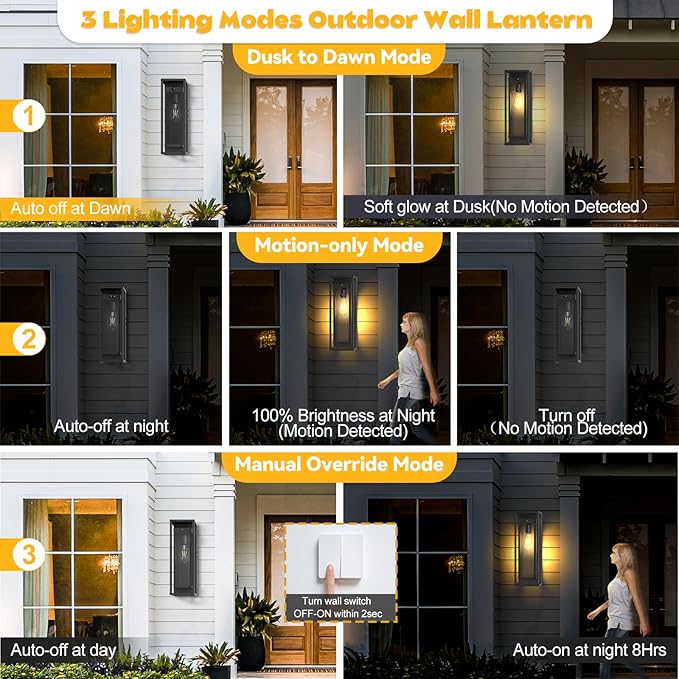 20in Outdoor Wall Light Motion Sensor-Black Modern Sconce Waterproof Exterior Lighting Fixture E26 Socket Porch Lights Extra Large Lantern for Entryway Patio House Garage 2Pack