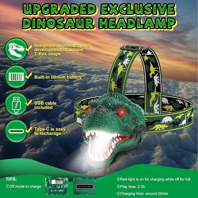 Dinosaur Headlamp for Kids Flashlight Rechargeable Led Dino Head Lamp Roar & Silent Mode, T-Rex Dinosaur Toys for Kids 3 4 5 6 7 8, Camping Gear, Easter Gifts for Boys Girls Adults