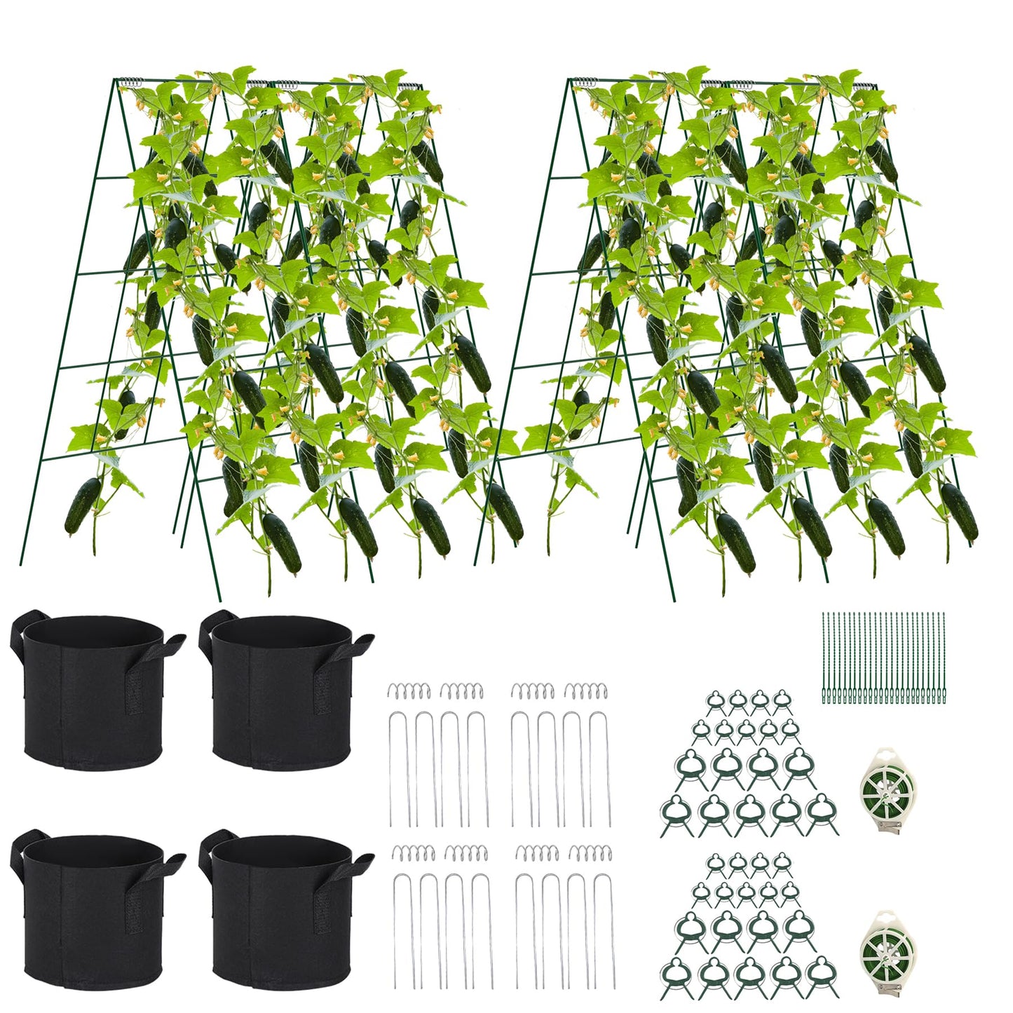 Toriexon Foldable Cucumber Trellis - 4 Pack, A-Frame Garden Trellis 46" L x 18" W, Steel Climbing Plants Support Raised Bed Trellis with Twist Ties & Plant Bags for Climbing Plants Outdoor