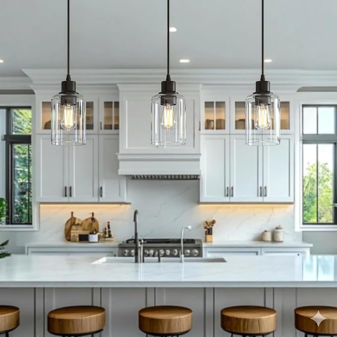 1Pack Pendant Lights Kitchen Island, Modern Industrial Pendant Light Fixtures with Glass Shade, E26 Socket Adjustable Cord for Bedroom, Dining Room,Living Room, Farmhouse Pendant Lighting