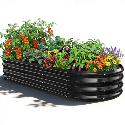 VAMFUTRE Oval Raised Garden Bed, 5 x 2 x 1FT, Galvanized Steel Planter Box with Wave-Shaped Metal Panels Painted for Outdoor Flower,Tree,Herb & Vegetable Garden (Black, 60X24X12 inches)