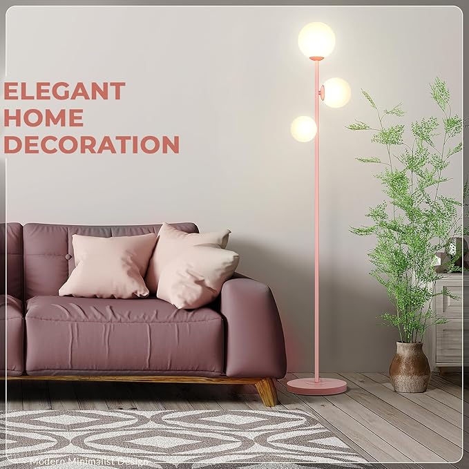 Soilsiu 3 Globe Floor Lamp - Mid Century Modern Standing Light with 3 Color Temperatures, LED Bulbs, Frosted Glass Shades for Living Room (Pink)