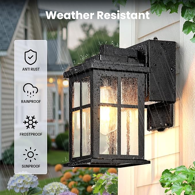 Gleamz Black Porch Lights Outdoor with GFCI Outlet, Modern Dusk to Dawn Outdoor Garage Lighting Fixtures Wall Mount, Anti-Rust Exterior Wall Sconce Lantern for House Coach, Outside Lights with Outlet