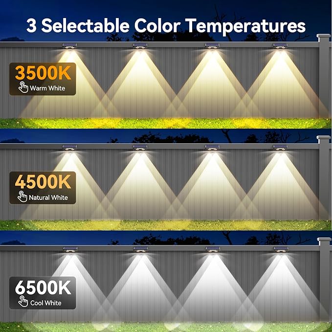 TECKNET Solar Fence Lights Outdoor 8 Pack, 3 Modes 3500K/4500K/6500K, IP66 Waterproof LED Deck Light, Dusk to Dawn Fence Lights Solar for Wall, Railing, Step, Patio, Pool, Backyard, Outside
