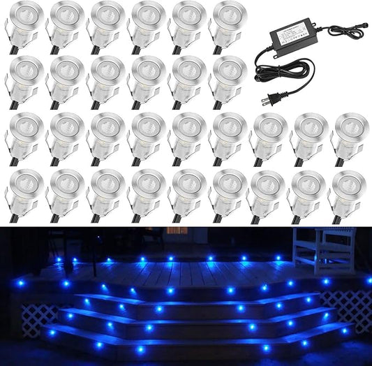 0.7" Tiny Blue LED Deck Light Kit, 0.4W Low Voltage Stainless Steel Waterproof Recessed Wood Decking Stairs Garden Yard Patio Decor Lamp 7Lm Outdoor LED Lighting, Pack of 30