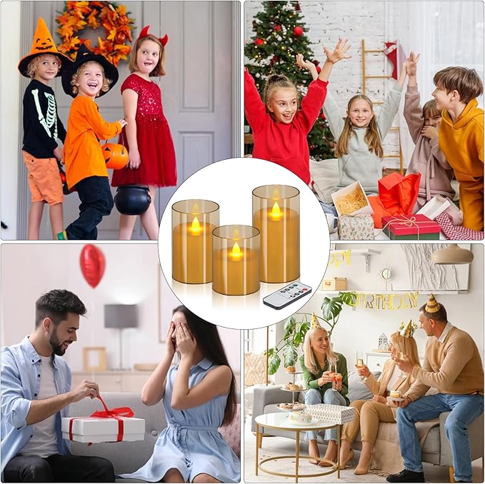 Flameless Candles 4" 5" 6" Set of 9 Acrylic Glass Pillars 3" Diameter Battery Operated Flickering Candles Include 8-Key Remote with Timer Function 400+ Hours (Amber, 9 Pack)