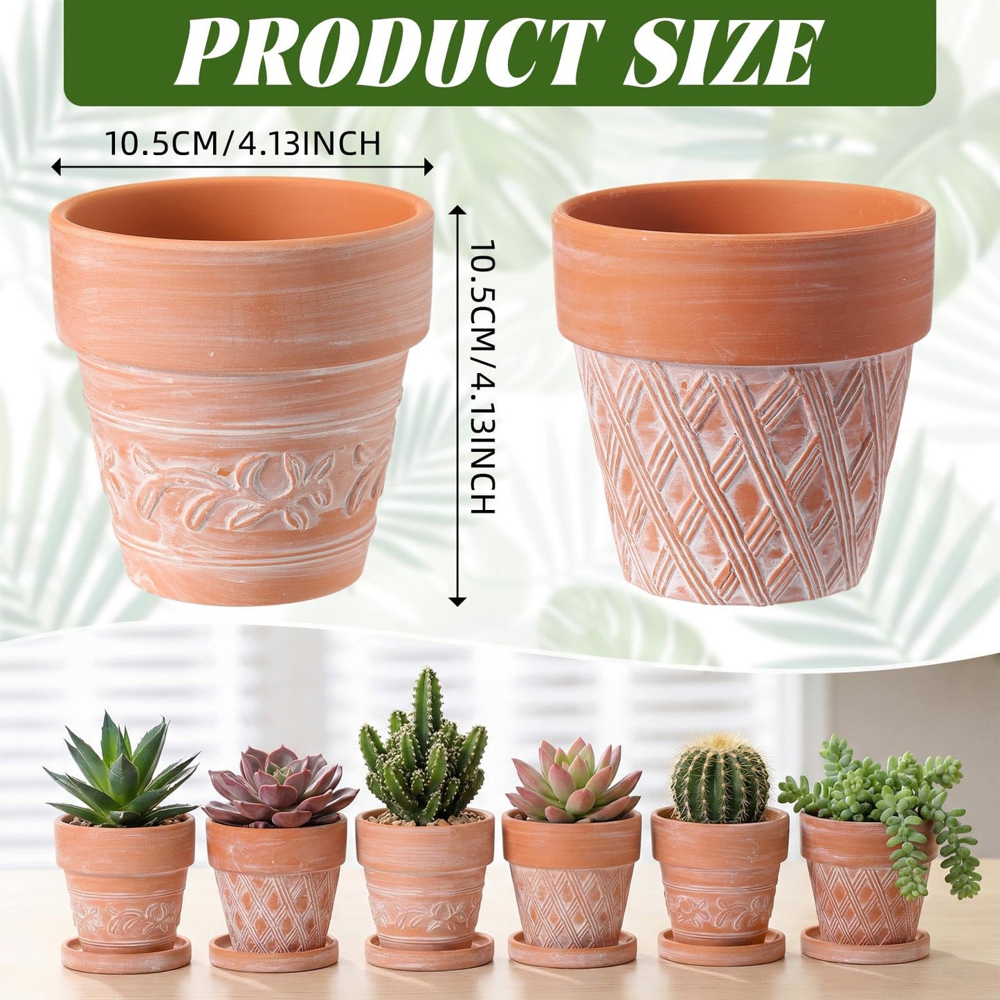 Maxdot Set of 6 Embossed Succulent Pots 4" Small Terracotta Pots with Drainage Hole Saucer Mini Rustic Clay Succulent Planter Pot Decorative Ceramic Cactu Flower Pot for Indoor Outdoor(Lattice Leaf)
