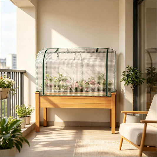 NOXJUQU Raised Garden Bed with Retractable Cover & Small Greenhouse, Elevated Wood Planter Box for Herbs Vegetables Flowers, Suitable for Patio Backyard Balcony Gardening