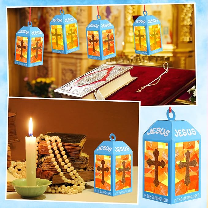 12 Sets Easter Crafts Religious Lanterns Crafts with LED Candles Lights Jesus Lights The Way Sunday School Tissue Paper DIY Oil Lamp Cross Hanging Ornament VSB Church Activity