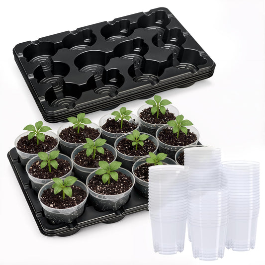 homenote 4 Inch Seed Starting Trays with Clear Nursery Pots, 5-Pack 12-Cell Seedling Starter Trays & 4" Nursery Pots 60 Pcs with Drainage, Plant Starter Germination Trays for Indoor Outdoor Growing
