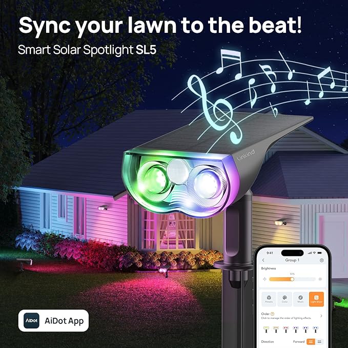 Linkind Smart Solar Lights Outdoor SL5 with Motion Sensor, APP Control Color Changing Solar Spot Lights Outdoor, Easter Decorations, IP65 Landscape Lighting for Yard, Garden, Path(6 Pack)