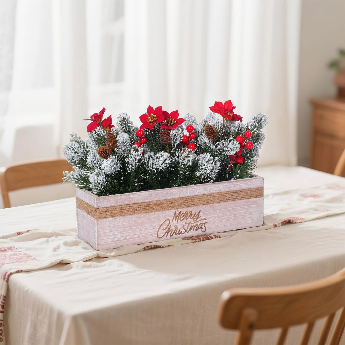SVENJBB Christmas Table Centerpiece - Red Poinsettias, Snowy Norfolk Pine & Berries in Wooden Box