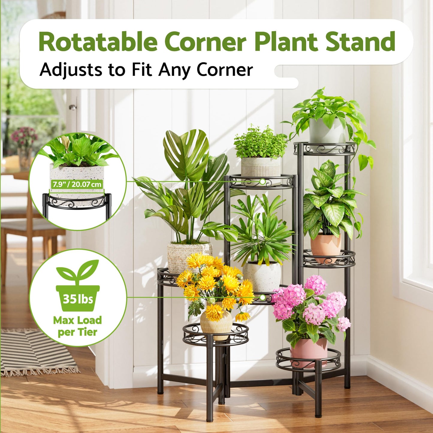 NQW Metal Plant Stand Indoor Outdoor 7 Tier Multiple Flower Pot Holder Shelf Planter Display Shelving Unit for Patio Garden Corner Balcony Living Room Black Circle