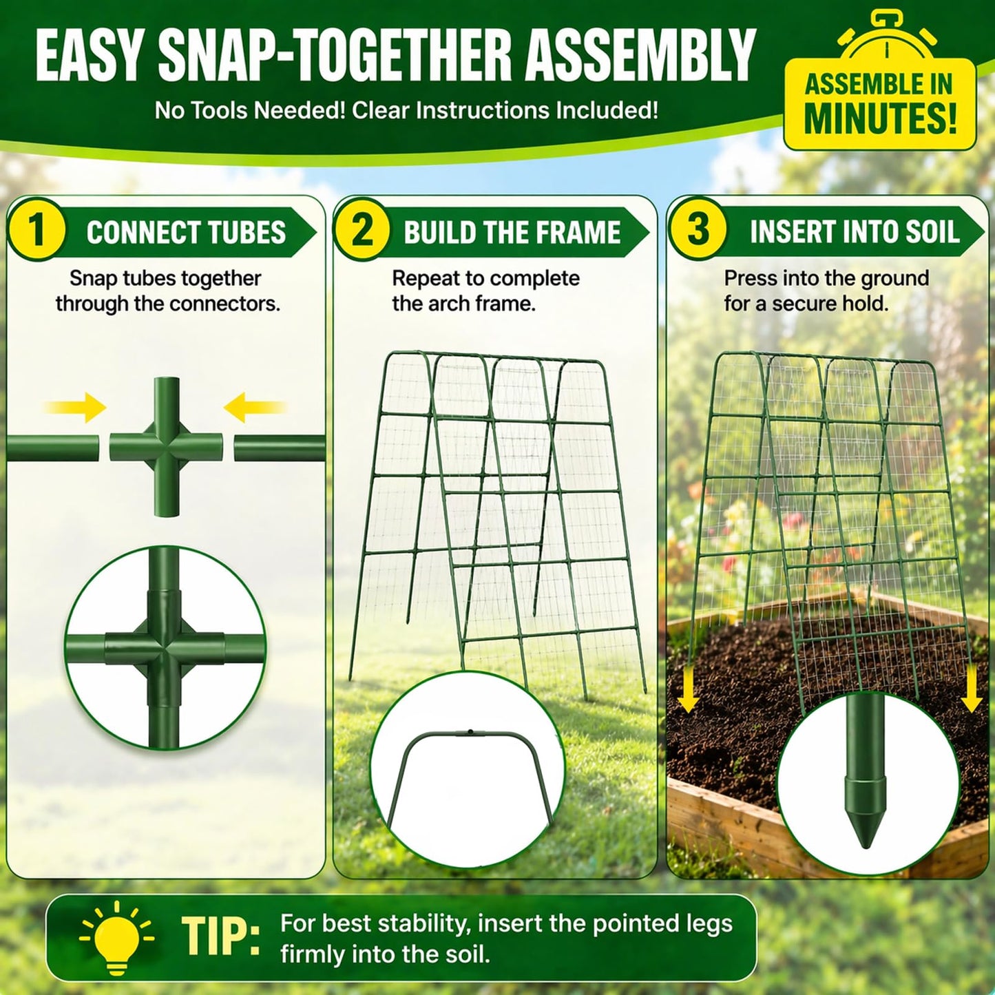 Garden Trellis for Cucumbers, 63” Tall Plant Trellis with 16mm Heavy Duty Frame, U-Shaped Arch with Netting, Includes 20 Clips, Metal Climbing Support for Raised Beds & Vegetables