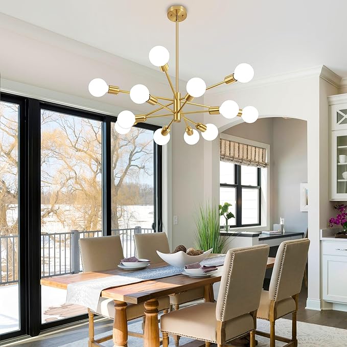 Modern Chandelier Gold Chandeliers 12-Light Mid Century Sputnik Ceiling Lighting Fixture for Living Room, Kitchen, Bedroom, Dining Room, Farmhouse