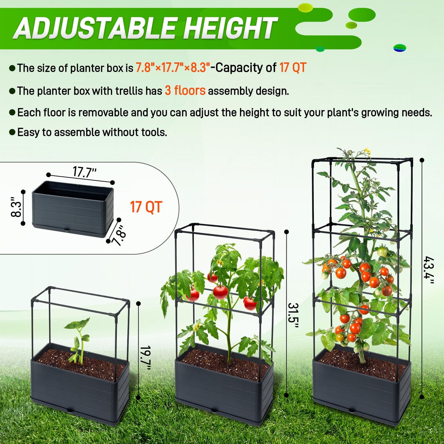 2 Packs Raised Garden Bed Tomato Planter Box with Trellis, 43.4" Self-Watering Tomato Cage with Rectangular Trellis for Climbing Plants, Flowers, Vegetables, Vine in Patio Garden Indoor Outdoor