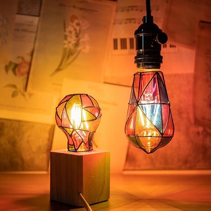 Stained Glass Light Bulb - Rainbow Painted, Mosaic, Multi-Colored Indoor Decorative Bulb - 4W 120V - Fun Romantic and Unique