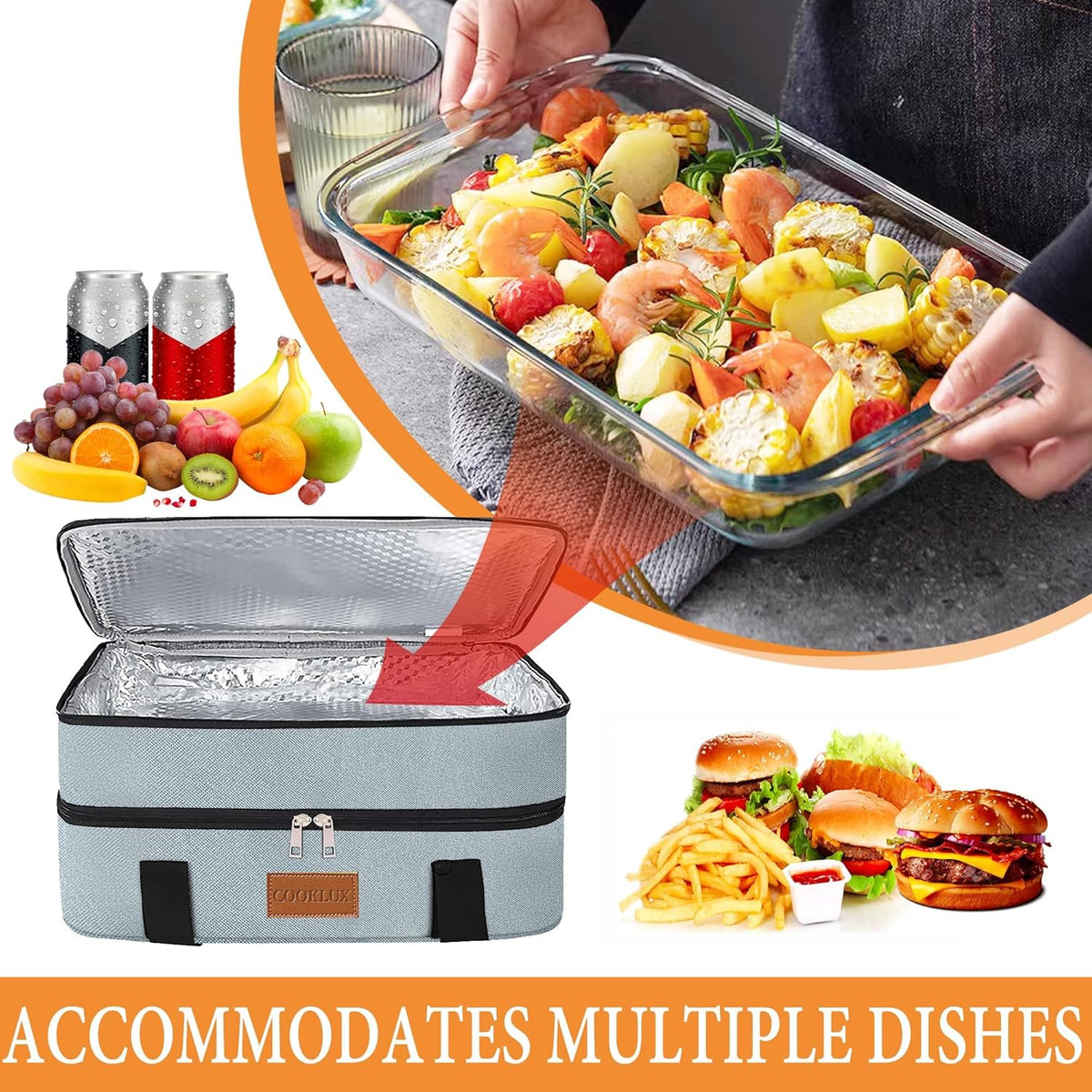 Skiennix Double Decker Insulated Casserole Carrier - Leak Proof Food Warmer Bag for Potlucks | Fits 9"x13" Baking Dish - Durable Grey Nylon