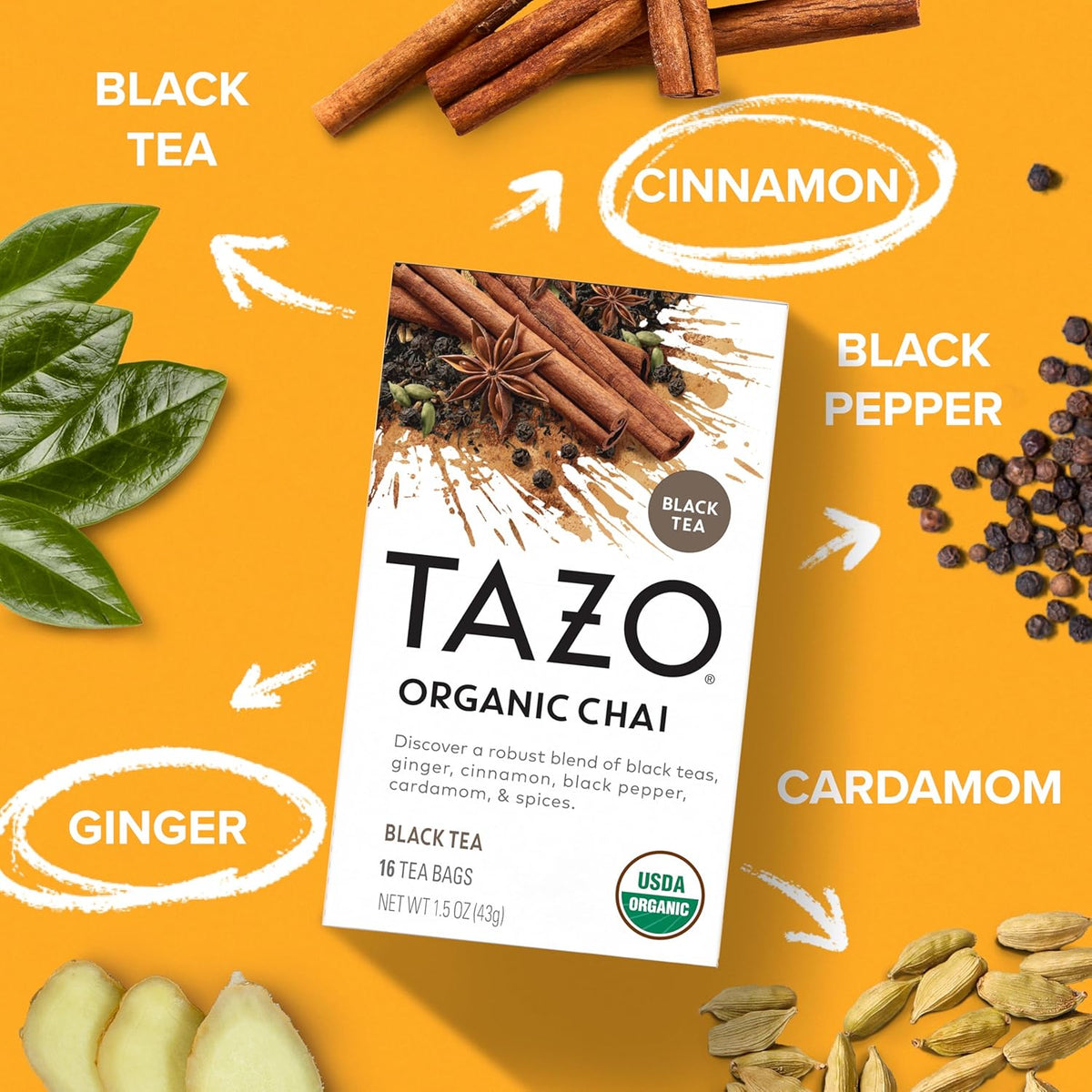 TAZO Organic Chai Black Tea Bags - Spicy Blend of Black Teas, Ginger & Cinnamon | 96 Total Bags (16ct x 6)