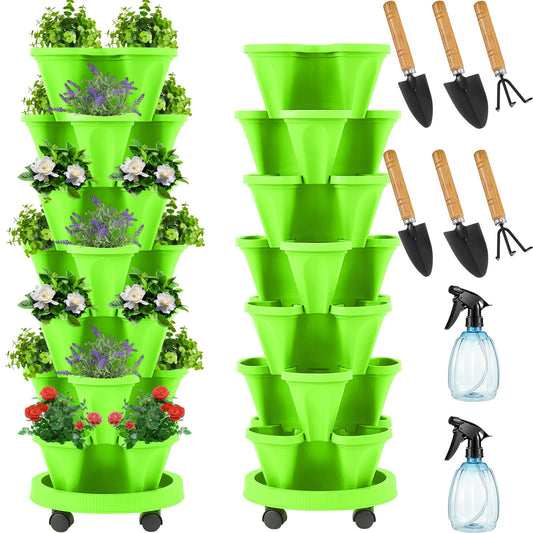 Umigy 2 Set of 7 Tier Vertical Planter Stackable Tower Planters Strawberry Herb Flower and Vegetable Pots Indoor Outdoor Gardening Pots with Removable Wheels and Tools(Light Green)