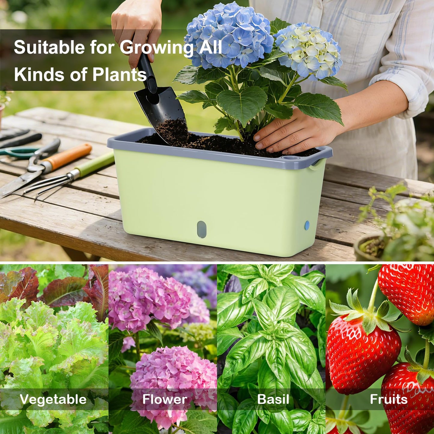 Oliz Window Box Planter 4 Packs, 14 Inches Rectangle Flower Pots with Breathable Drainage Holes, Pots for Vegetables, Herbs, Flowers, Garden Windowsill Balcony (Green & Grey)