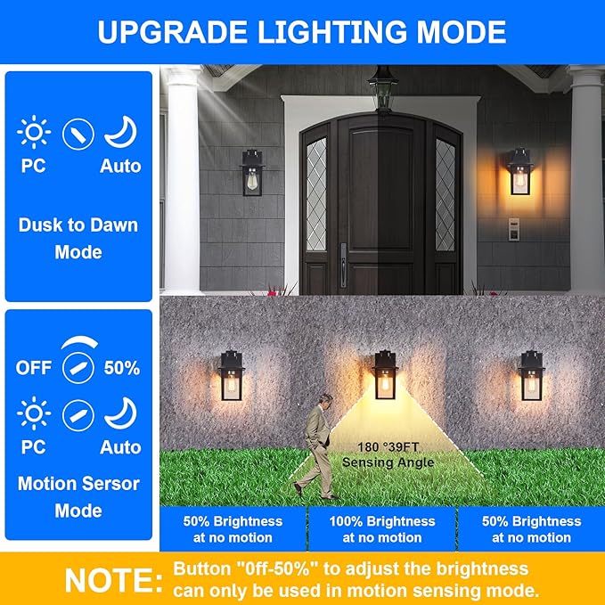 Porch Lights with GFCI Outlet,Dusk to Dawn Motion Sensor Outdoor Lights,3 Light Modes Black Front Door Lights,Waterproof Outside Wall sconces for House Patio Garage (2 Pack)