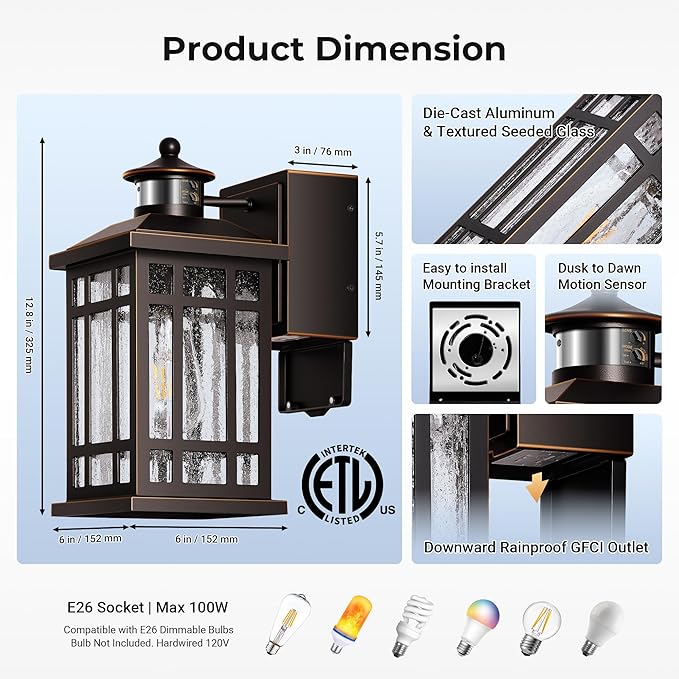 Oil-Rubbed Bronze Outdoor Motion Sensor Light with GFCI Outlet, 2-Pack Porch Lights Outdoor with Gold Trim, Dusk to Dawn lighting Wall Mount with Bubble Glass, Outside Sconces for Garage, Patio