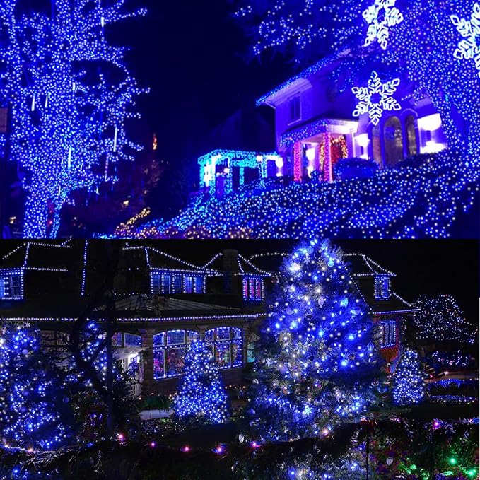 LAMPHOME Blue White Christmas Mini Lights, 32.5FT 100 LED Clear Bulbs String Lights with 16 Light Modes, Fairy Lights Plug in for Outdoor Xmas Trees Garland Wreath Holiday Decorations