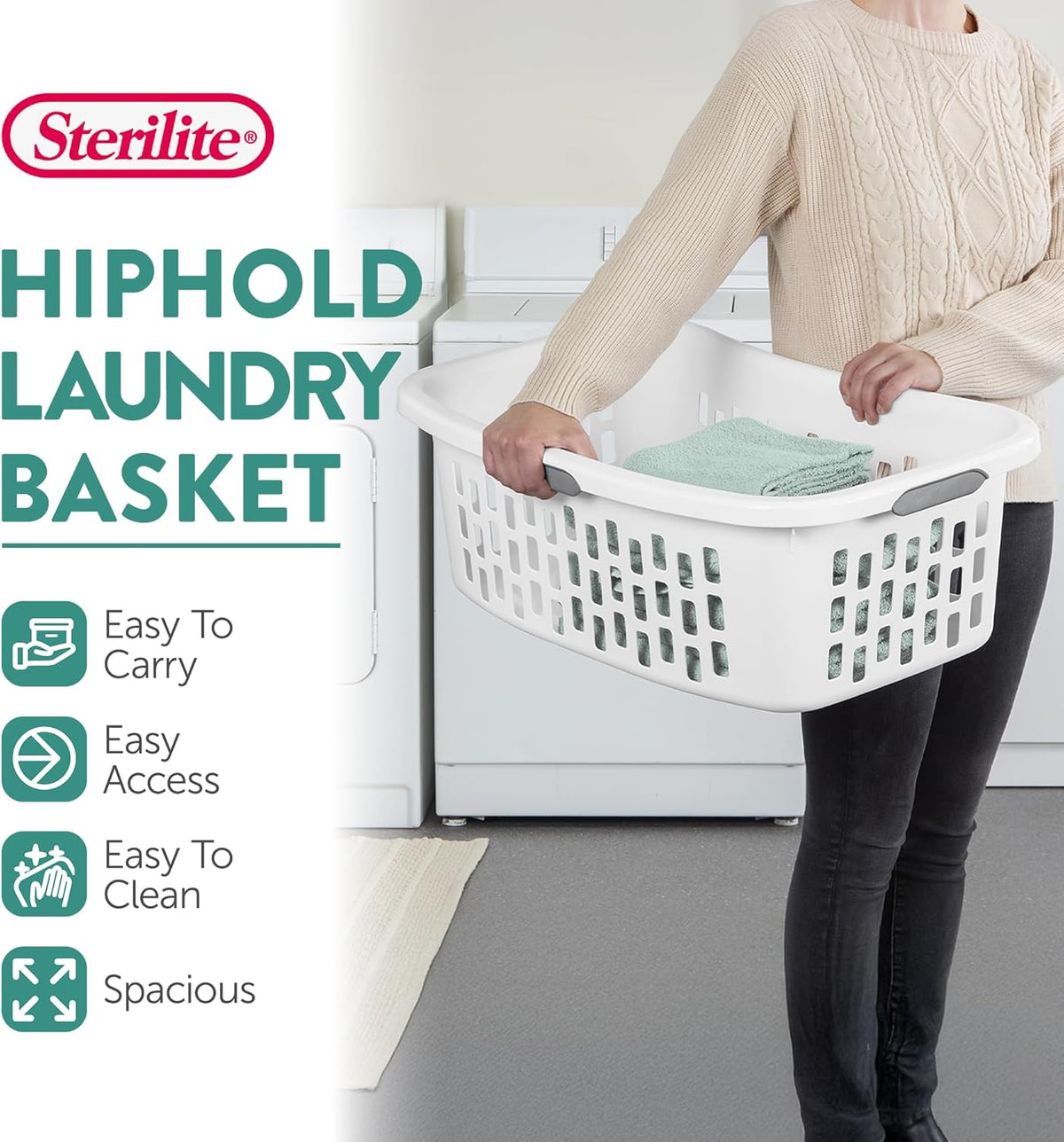 Sterilite Laundry Basket - 6 Pack Plastic Hamper with Comfort Grip Handles | 1.5 Bushel Capacity, White