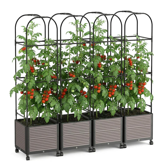 UrGROWA Raised Garden Bed Planter Box with Trellis, 61''H Tomato Planters for Climbing Plants Vegetable Vine Flowers Outdoor Patio Tomato Cage, Self Watering Planter with Wheels