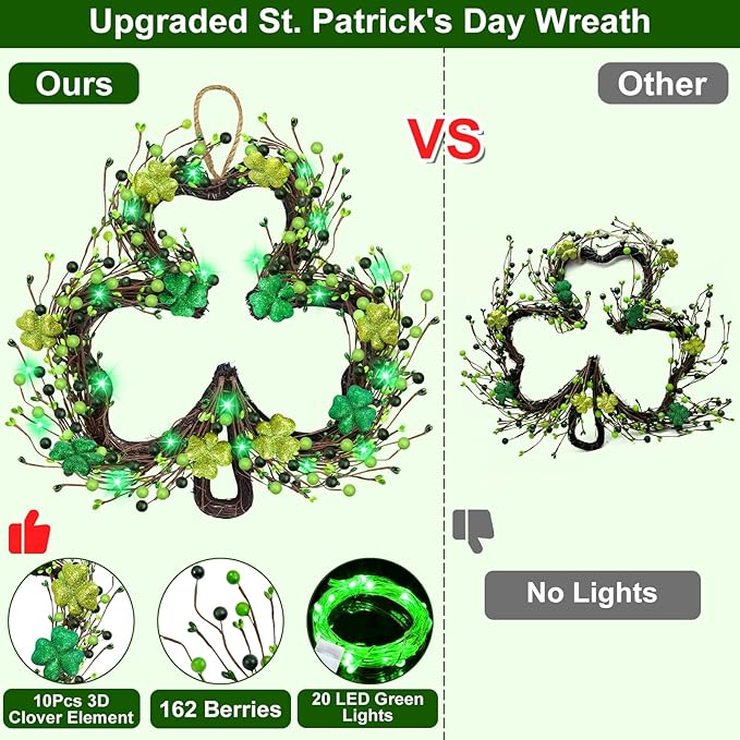 St Patricks Day Decorations, Shamrocks Wreath for Front Door, 20 Green Lights Timer Battery Operated 18 Inch 10 Shamrocks 162 Berries Battery Operated Spring Artificial Wreath St. Patrick's Day Decor