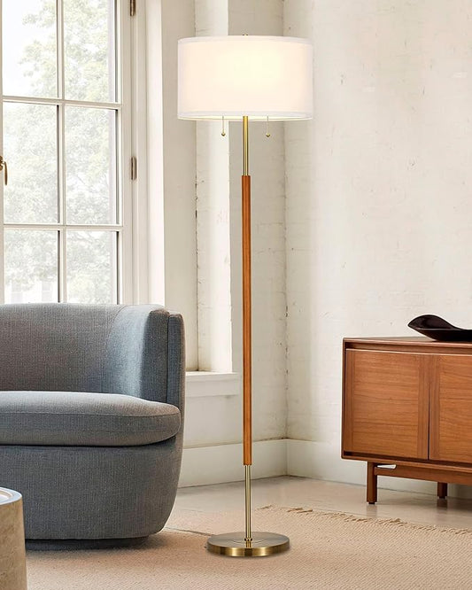 ELYONA 2-Light Wood Floor Lamp for Bedroom Mid Century Modern Standing Lamp White Fabric Shade Tall Pole Corner Light for Living Room Office 3 Color Temperatures 9W LED Bulbs Include, Brushed Brass
