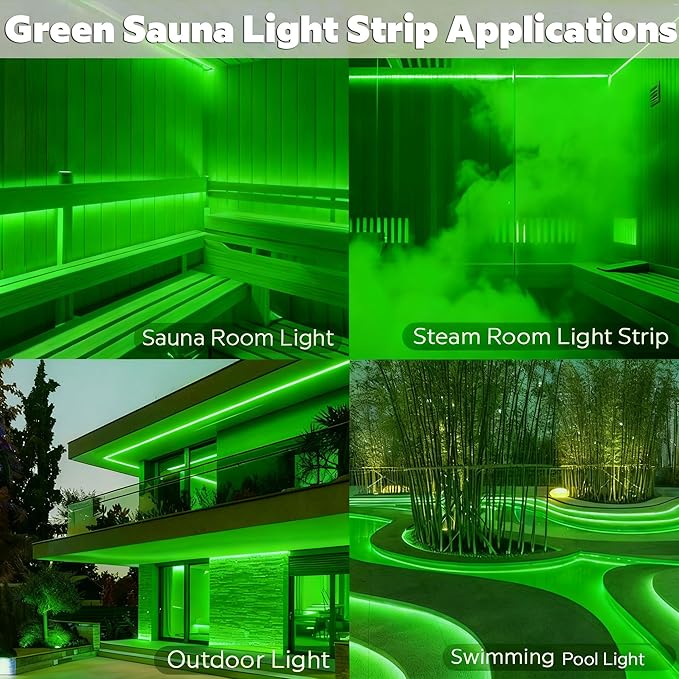 SuperLightingLED Flex Green LED Strip Sauna Room Lighting, DC24V Durable High-temperature Resistant Dimmable Trimmable 5m/16.4ft 600 LEDs Bright IP68 Vapor Tight Chromotherapy Light for Sauna (Green)