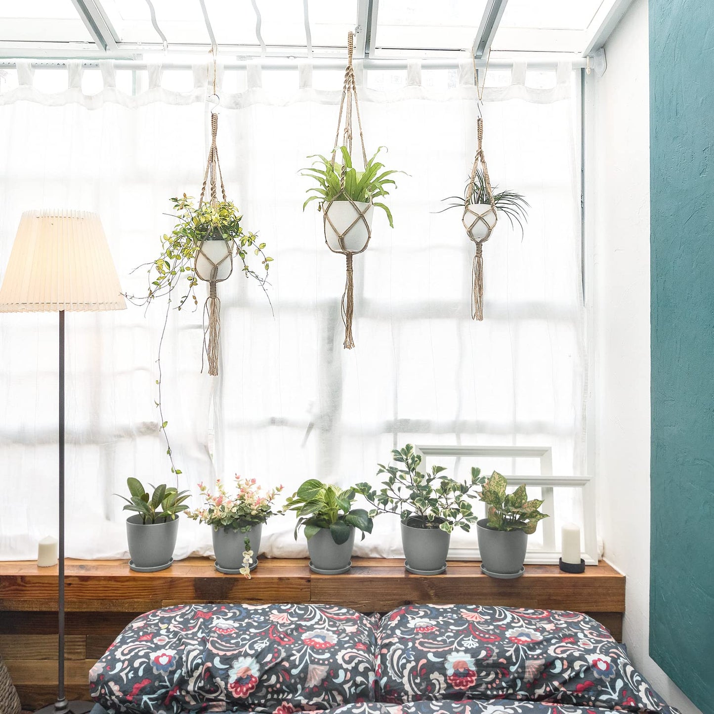 Mkono 43 Inch Macrame Plant Hanger Large for up to 12 Inch Pot Extra Long Hanging Plant Holder No Tassels and 3 Different Sizes Plant Hanger