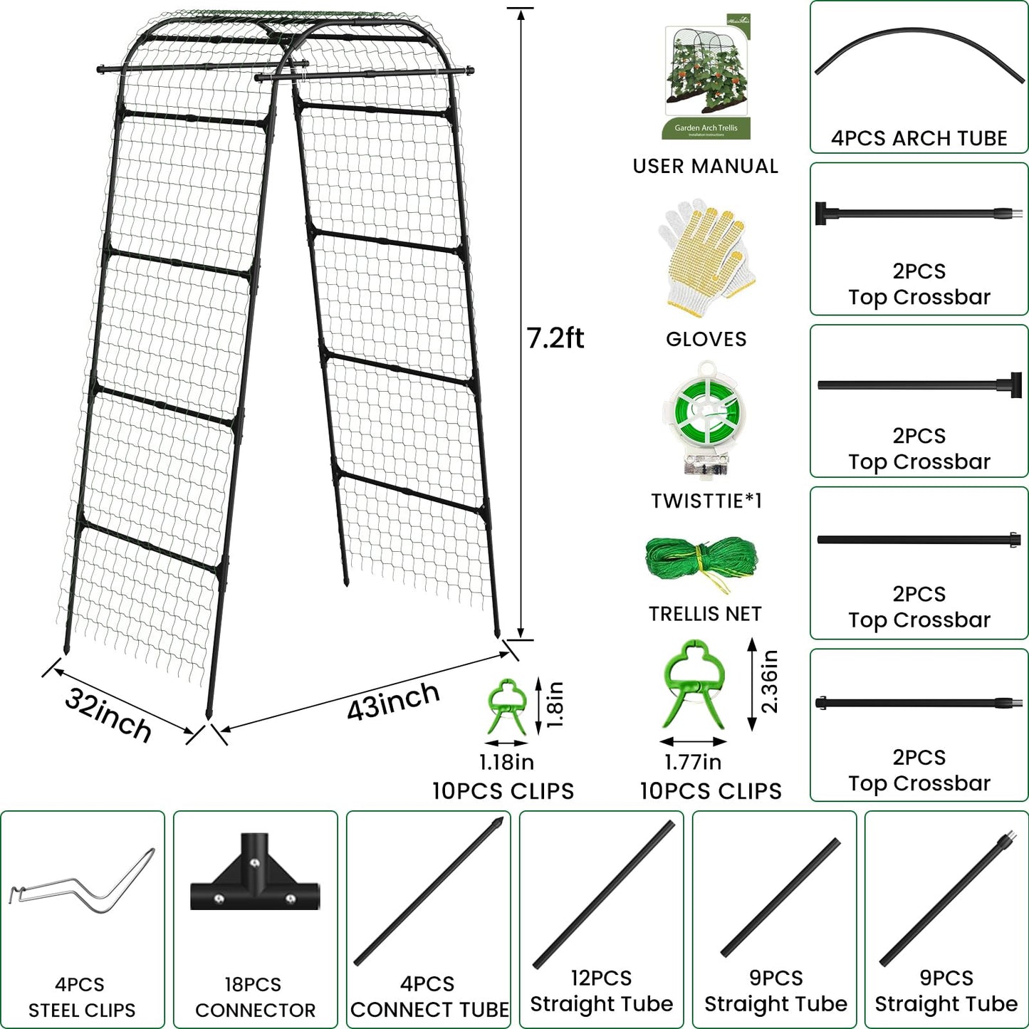 7.2FT Garden Arch Trellis for Climbing Plants, Heavy Duty 66" Wide Walk-Through Metal Arch with Netting, Wind-Resistant Vertical Garden Support for Cucumbers, Roses, Beans, Squash (33" Arch)