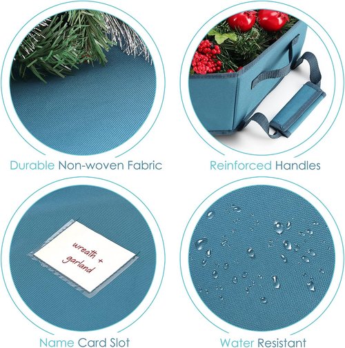 Hearth & Harbor Christmas Storage Organizer Box - Premium Hard Shell Wreath Bag with Dual Zipper & Pockets - 36" Blue